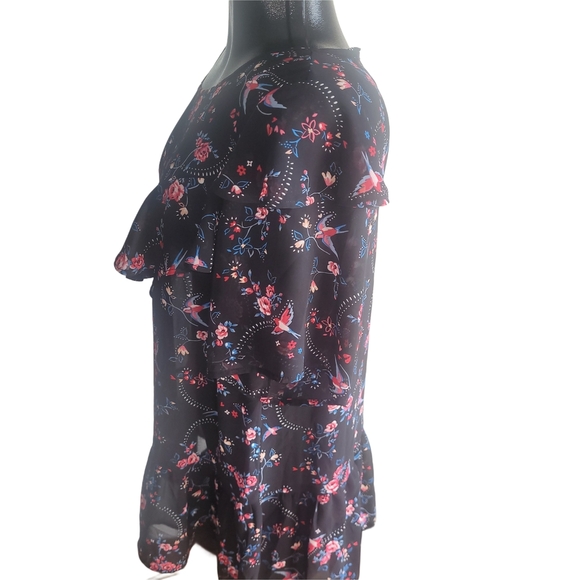 Love & Legend Black and Pink Floral Ruffle Short Sleeve Blouse 18 - Picture 5 of 7